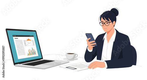 Businesswoman working at desk with laptop and mobile phone in modern office setting in the morning