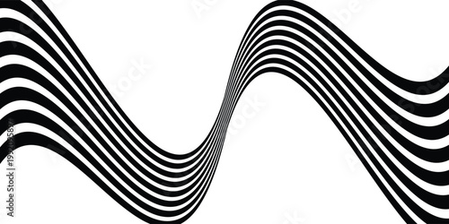 Black on white abstract perspective line wave stripes with 3d dimensional effect isolated on white background