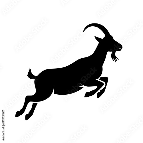 A high quality black and white vector illustration showing the silhouette of a wild goat jumping in the air for use in various professional graphic design projects