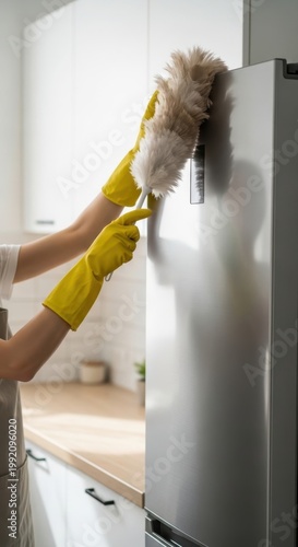 A woman cleaning dust accumulated in the refrigerator