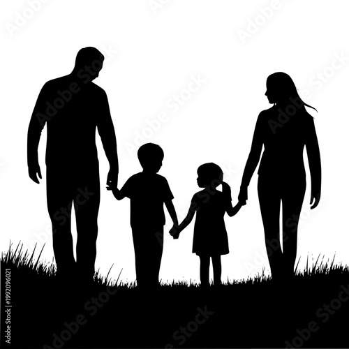 Silhouette vector illustration of a happy young family consisting of a father mother and two small children walking together hand in hand through the lush green grass