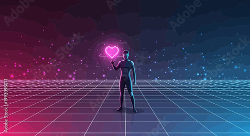 Man in VR holding glowing pink heart in futuristic digital grid world