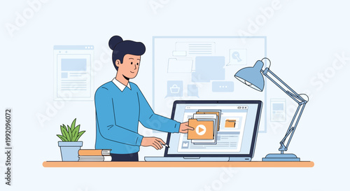 Person works at desk using computer to create content in modern workspace with documents on wall and lamp