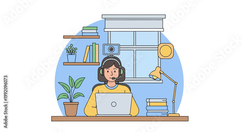 Person works at a desk with a laptop and headset in a home office setting during daytime with books and plants around