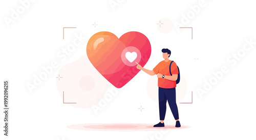 Man Interacting with a Large, Glowing Heart Icon - Love, Connection, and Digital Interaction Concept