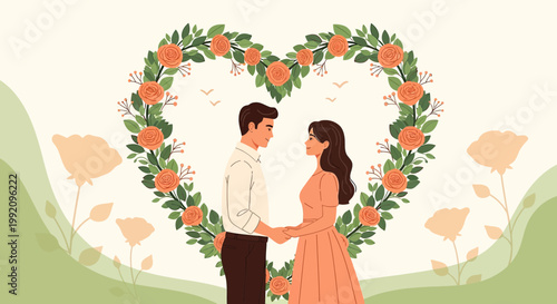 Couple Holding Hands in Heart Wreath with Flowers