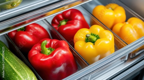 Close up of fresh red and yellow bell peppers in container