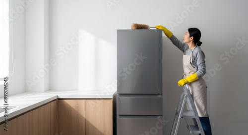 A woman cleaning dust accumulated in the refrigerator