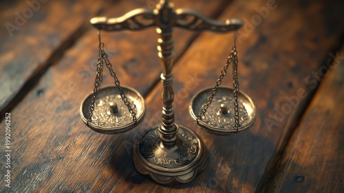 Detailed antique brass scales on a wooden table