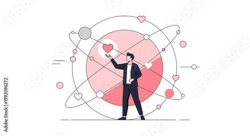 Man Interacting with Abstract Heart Network, Love Connection Concept