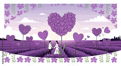 Couple Holding Hands in Lavender Field with Heart Trees and Sky
