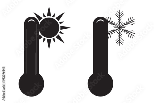 Black thermometer icons one with sun symbol for hot weather other with snowflake for cold weather.