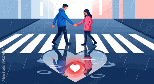 Couple holding hands in rain, heart reflection symbolizing love and commitment