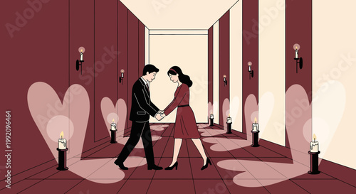 Couple Holding Hands in Romantic Hallway with Heart Lights and Candles