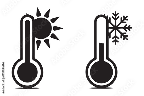 Black thermometer icons one with sun symbol for hot weather other with snowflake for cold weather.