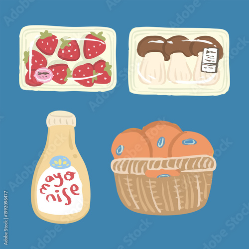 Set of fresh supermarket groceries strawberry mushroom mayonnaise and orange basket flat illustration