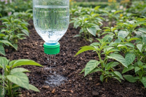 DIY Bottle Drip Irrigation for Seedlings. Plastic bottle drip system watering young plants in soil, illustrating simple irrigation, water saving, and sustainable garden care.