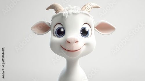 Big eyed cartoon goat character smiling clean minimal studio background