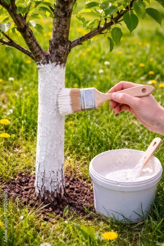 Whitewashing Tree Trunk for Orchard Protection. Hand painting whitewash on a fruit tree trunk with a brush, showing seasonal orchard care and bark protection.