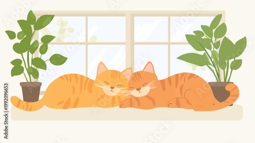 Two orange cats cuddling, lying on a windowsill with potted plants and a bright window behind them