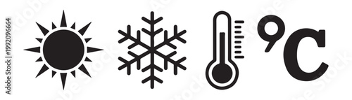 Sun snowflake thermometer and temperature icon isolated on transparent background vector illustration.