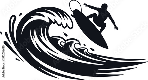 Surfer riding wave silhouette against transparent background.