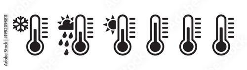 Weather thermometer icons showing temperature from freezing to hot with rain sun snow and wind.