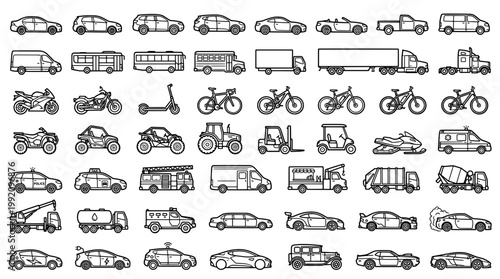 Transportation vehicles and modes illustration set isolated on white