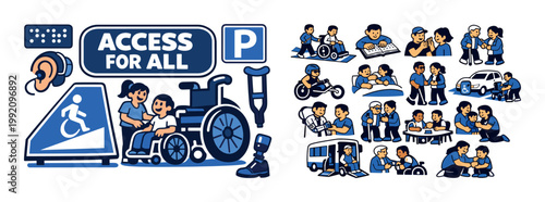 Inclusive accessibility symbols and diverse people interacting positively