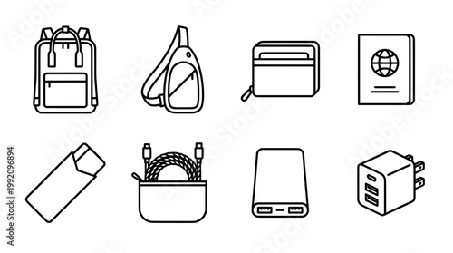 Travel essentials backpack bag wallet passport accessories vector illustration