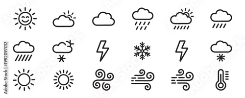 Weather icons collection representing sun clouds rain snow lightning wind and temperature.