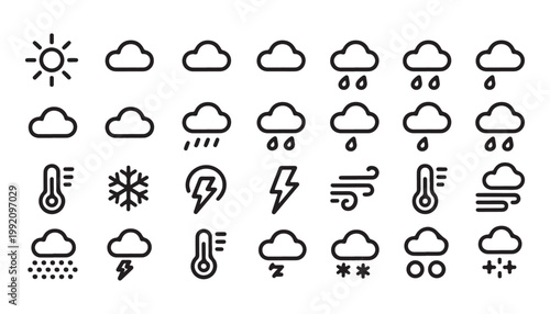 Various weather condition icons including sun clouds rain snow wind lightning and temperature.