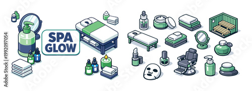 Collection of isometric spa and beauty treatment icons for wellness and relaxation