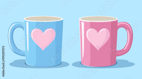 Two cartoon mugs, blue and pink, each with a heart and a handle, on a light blue background