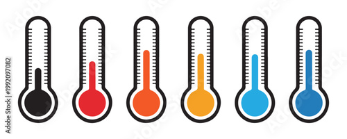 Thermometers showing different temperature levels from cold blue to hot red colors.