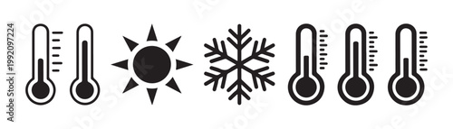Collection of thermometers, sun and snowflake icons in black and white on transparent background.