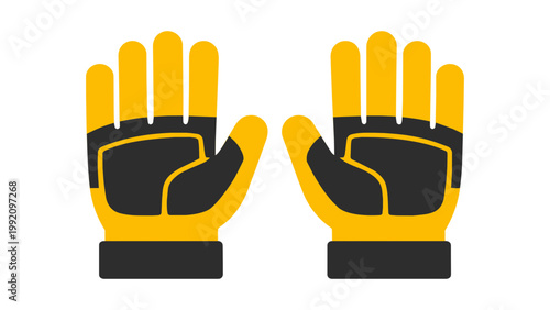Modern flat vector icon illustration of a pair of yellow and black padded work gloves, safety equipment for construction, gardening, and industrial labor, isolated on a white background.