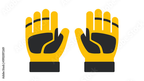 Pair of yellow and black padded work gloves vector icon illustration. Modern flat design of protective industrial safety gear for construction, gardening, and manual labor isolated on white.