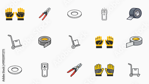 Vector Icon Set of 15 Hand-Traced Construction and Logistics Tools: Hand Truck, Duct Tape, Stud Finder, Tin Snips, Work Gloves, and Washer Ring. Minimalist Line Art Bundle for DIY and Hardware.