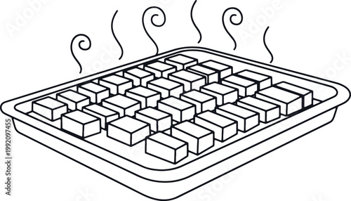 Tray of hot food cubes steaming in drawn lines.