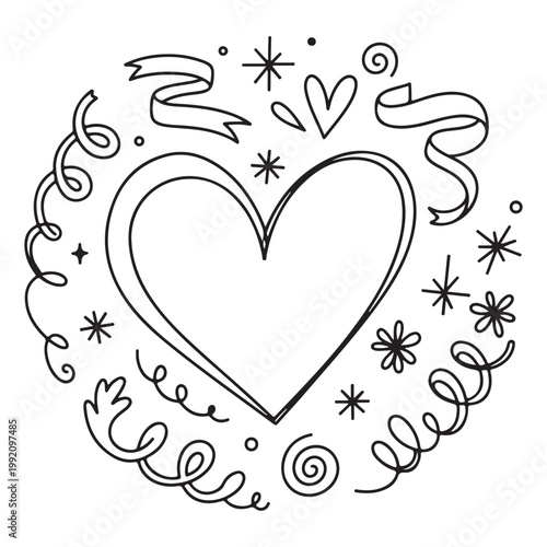 Heart line art vector illustration with ribbons and stars for coloring page or romantic design