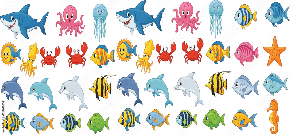 Fototapeta premium Large Cartoon Ocean Animals Collection with Fish Shark Dolphin Octopus Crab Jellyfish and Starfish Characters for Kids Underwater Vector Illustration Set