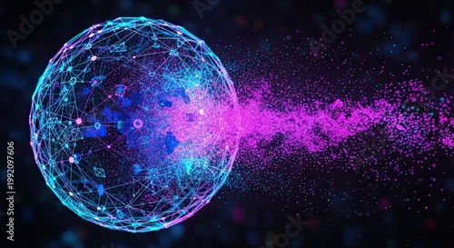 Abstract glowing sphere composed of interconnected lines and nodes exploding into a vibrant cloud of digital particles and data streams against a dark cosmic background
