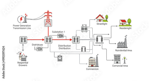 Detailed Power Generation and Distribution Grid Diagram Connecting Substations to Residential and Commercial Areas