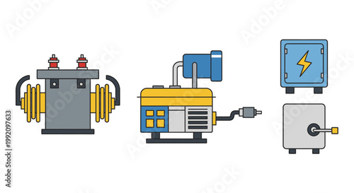 Set of Electrical Power Equipment Icons Including Transformer, Generator, and Control Panel on Isolated White Background