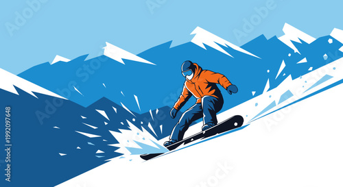 Dynamic snowboarder aggressively carving down a snowy mountain slope, exhilarating winter sport.