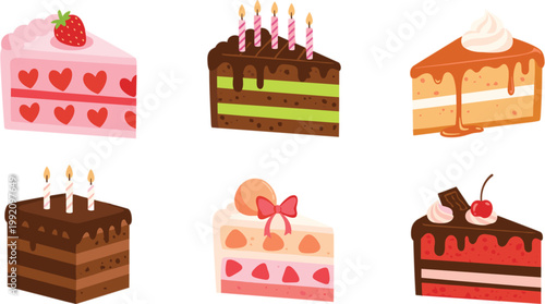 Flat vector collection of various delicious cake slices including chocolate strawberry and caramel flavors for bakery cafe dessert menus.
