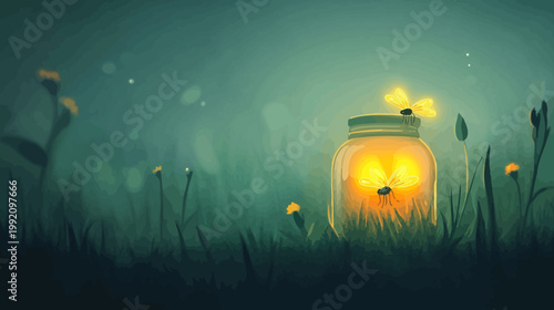 A peaceful illustration of a jar containing glowing fireflies in a meadow, with night ambiance