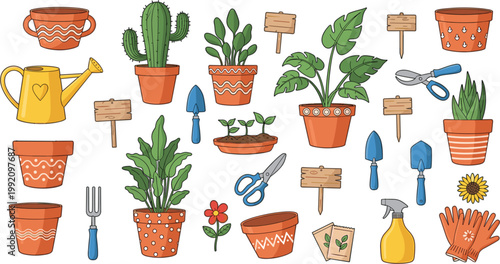 Flat vector collection of various houseplants in pots gardening tools watering can and garden markers for hobby landscaping and home greenery projects.