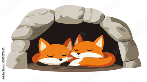 Two sleeping foxes in a cozy den, nestled under a stone arch. A cute and peaceful illustration